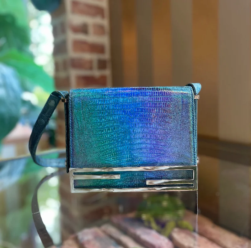 FENDI Vintage Lizard Iridescent Blue Shoulder Bag