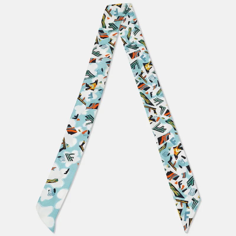 Fendi Teal Blue Printed Silk Bandeau Scarf