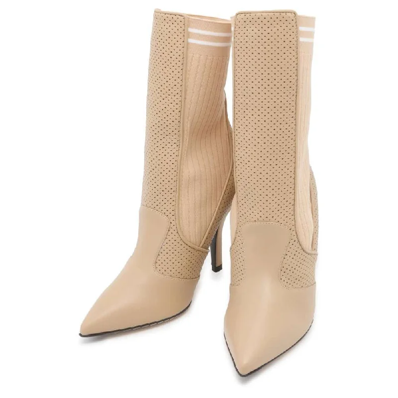 FENDI Sock boots Beige Leather Knit Size 36