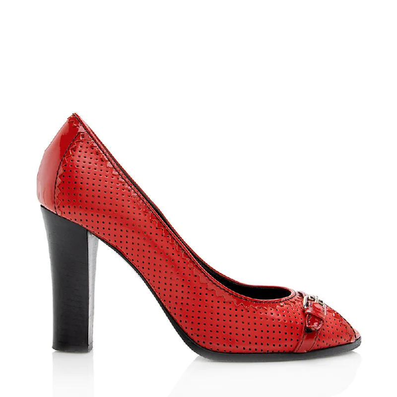 Fendi Perforated Leather Buckle Detail Peep Toe Pumps - Size 6.5 / 36.5 (SHF-18590)