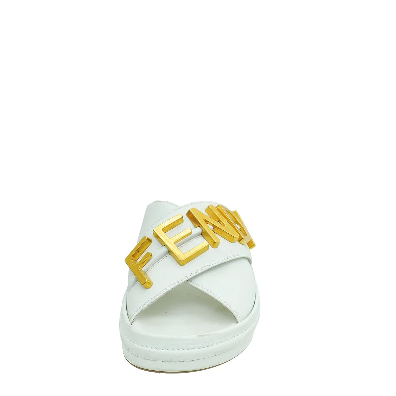 Fendi White Vitello Fendigraphy Slide Sandals 38.5