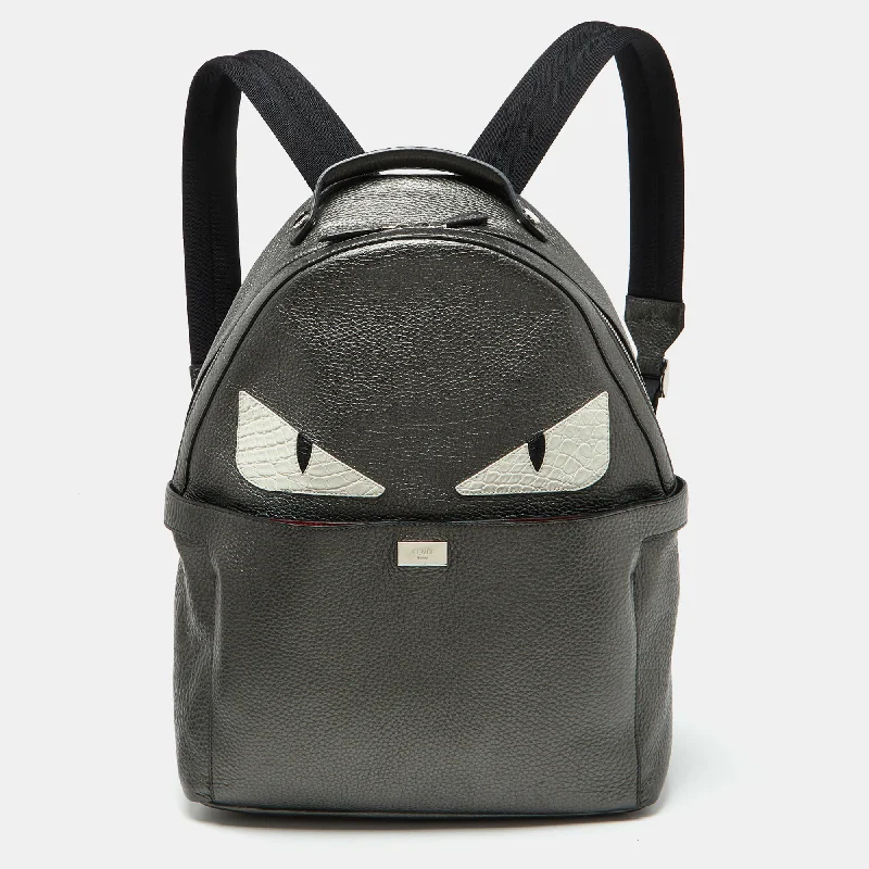 Fendi Metallic Grey Leather Monster Eyes Rounded Backpack