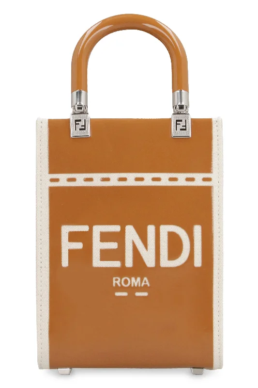 FENDI Mini Sunshine Top-Handle Canvas Tote with Patent Leather Accents and Shoulder Strap, Tan - SS24