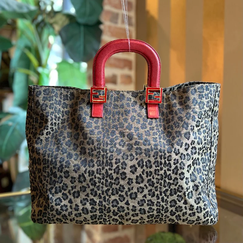 FENDI Brown Red Leopard Print Canvas Leather Tote Bag