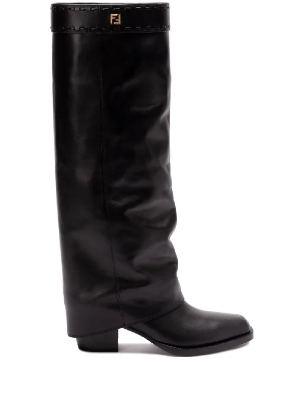 FENDI Knee-Length Leather Boots with Low Block Heel