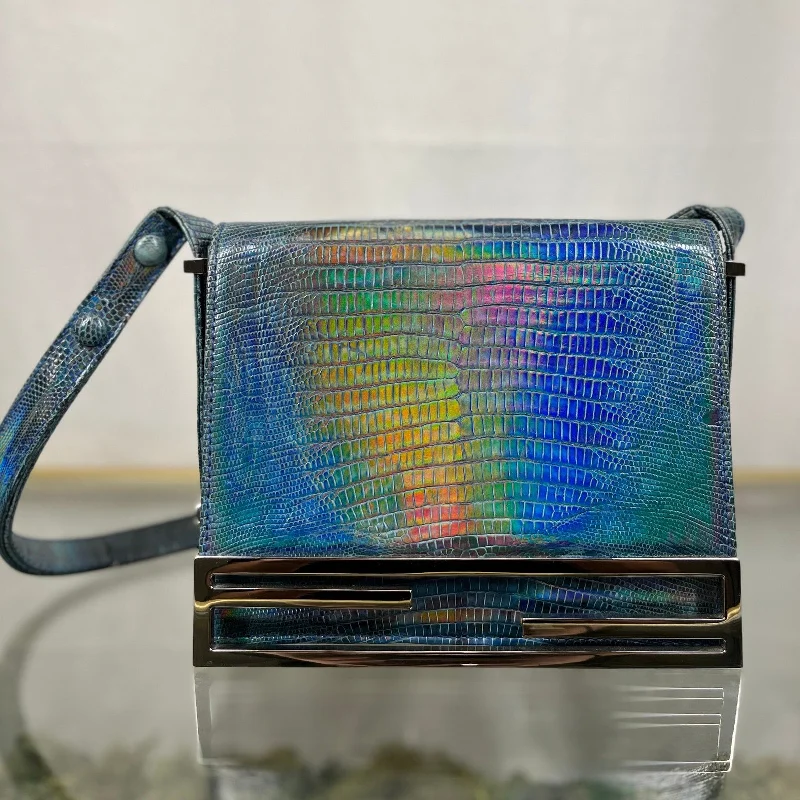 FENDI Vintage Lizard Iridescent Blue Shoulder Bag