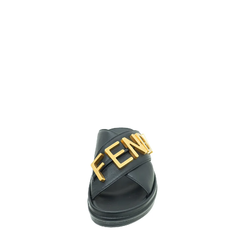 Fendi Black Vitello Fendigraphy Slide Sandals 40