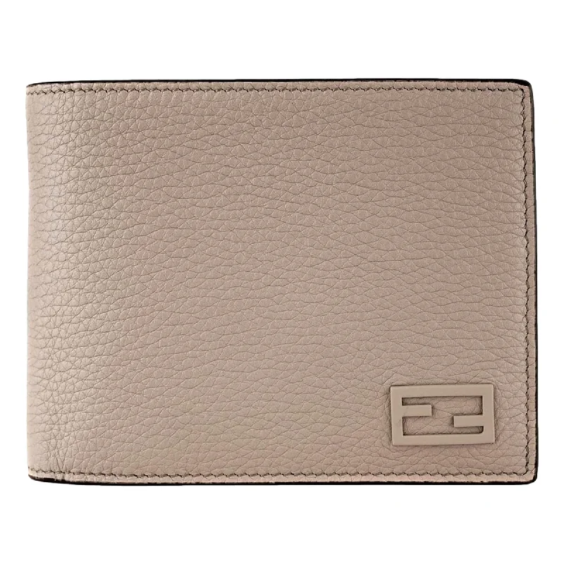 Fendi FF Logo Plaque Light Gray and Blue Pebbled Calf Leather Bifold Wallet