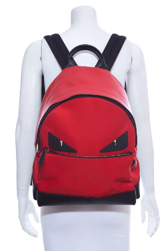 Fendi Red Calf Skin Leather & Nylon Bugs Backpack