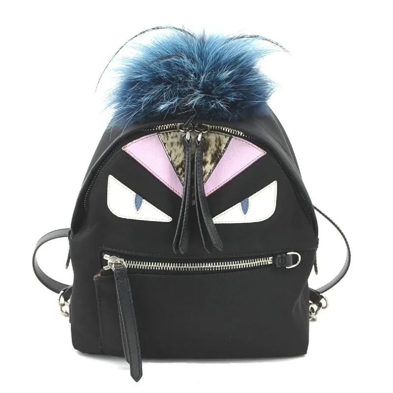 FENDI Backpack Monster Bugs Nylon Fur Black Blue Silver Women's 8BZ038-48Z e59714j