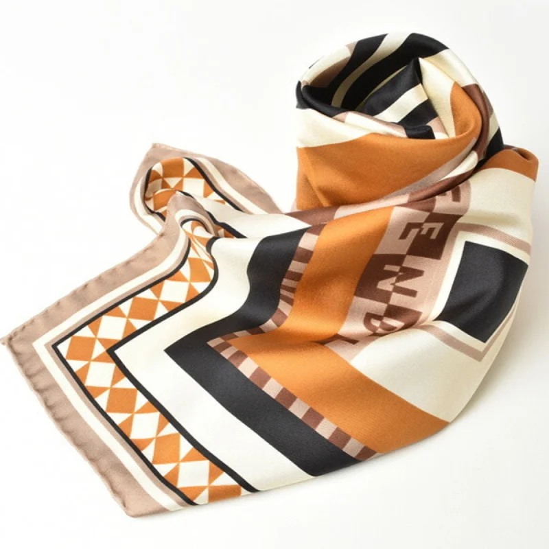 FENDI Scarf 90 Silk Twill FF Zucca Pattern Brown Beige